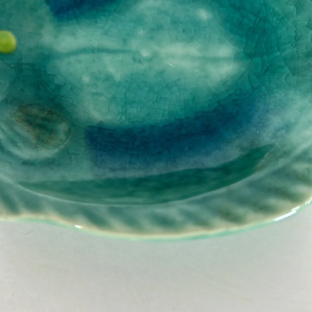 Crate & Barrel Japanese Crackle Ceramic Blue Green Fish Trinket/Kitchen Dish